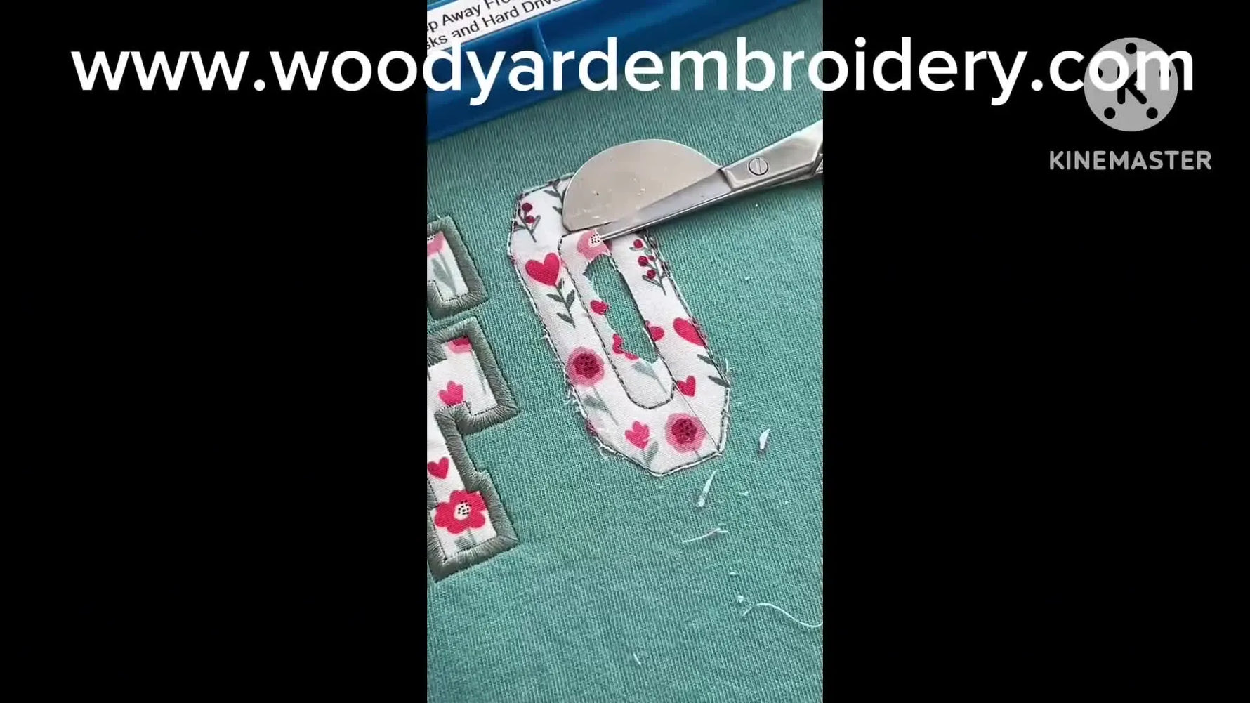 A close-up shows curved appliqué scissors trimming the inside of an embroidered letter O using a pre-cut starter hole for clean negative space.