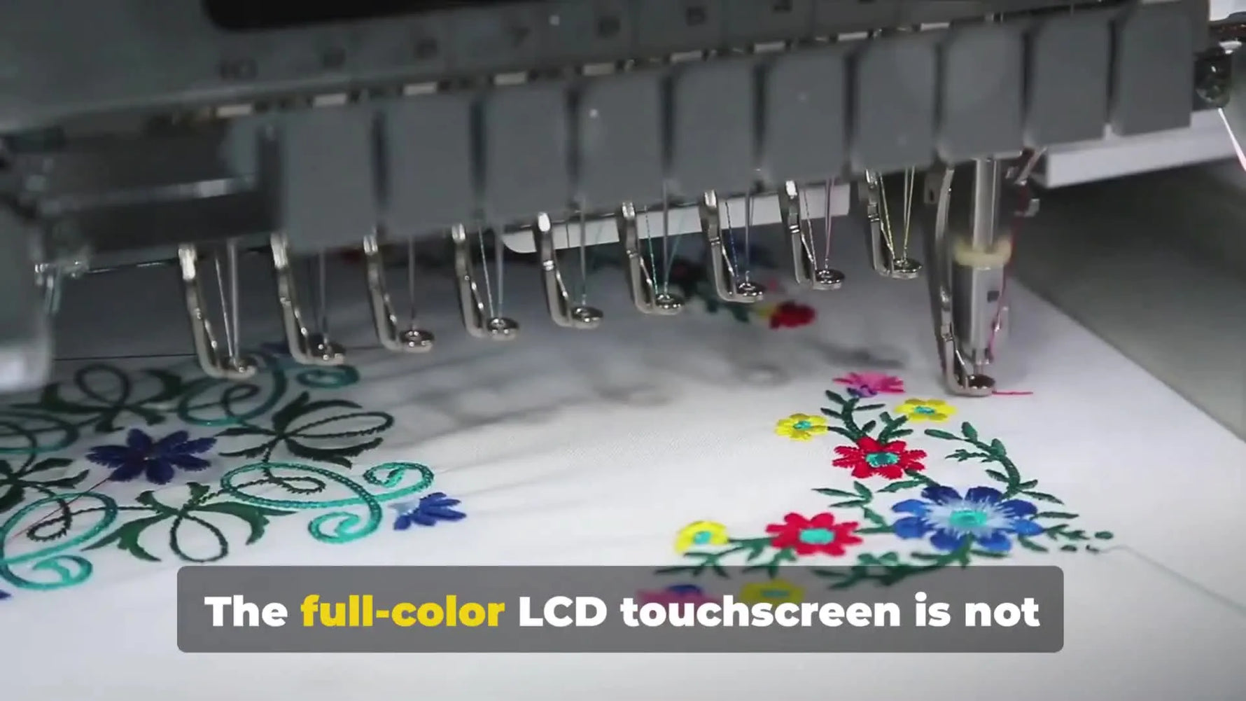 A tubular single-needle embroidery machine is shown standing upright with an open free-arm structure designed for hard-to-reach garment areas.