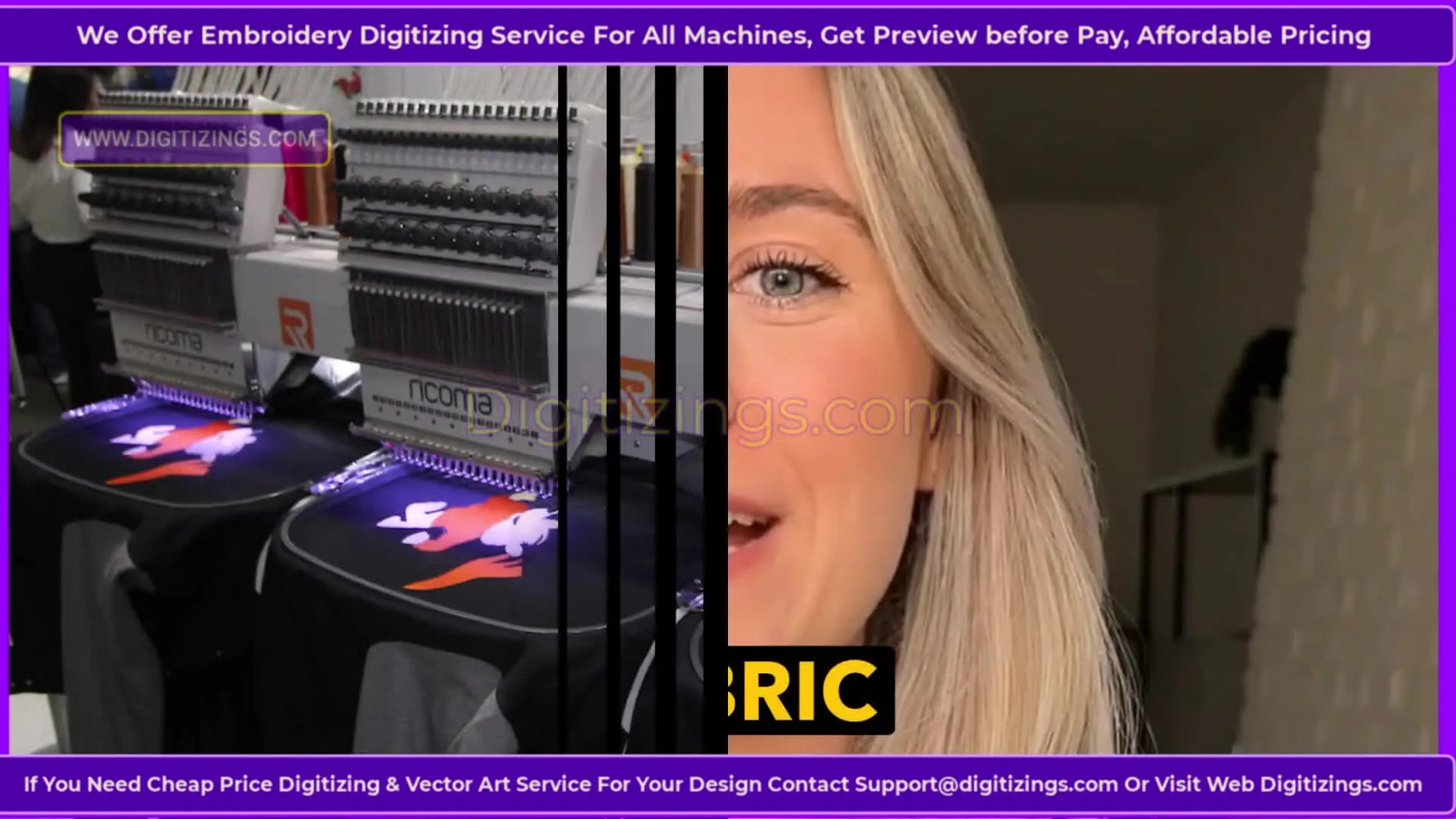 A multi-needle Ricoma machine stitches a bold red design onto black fabric, showing a real production-style setup.