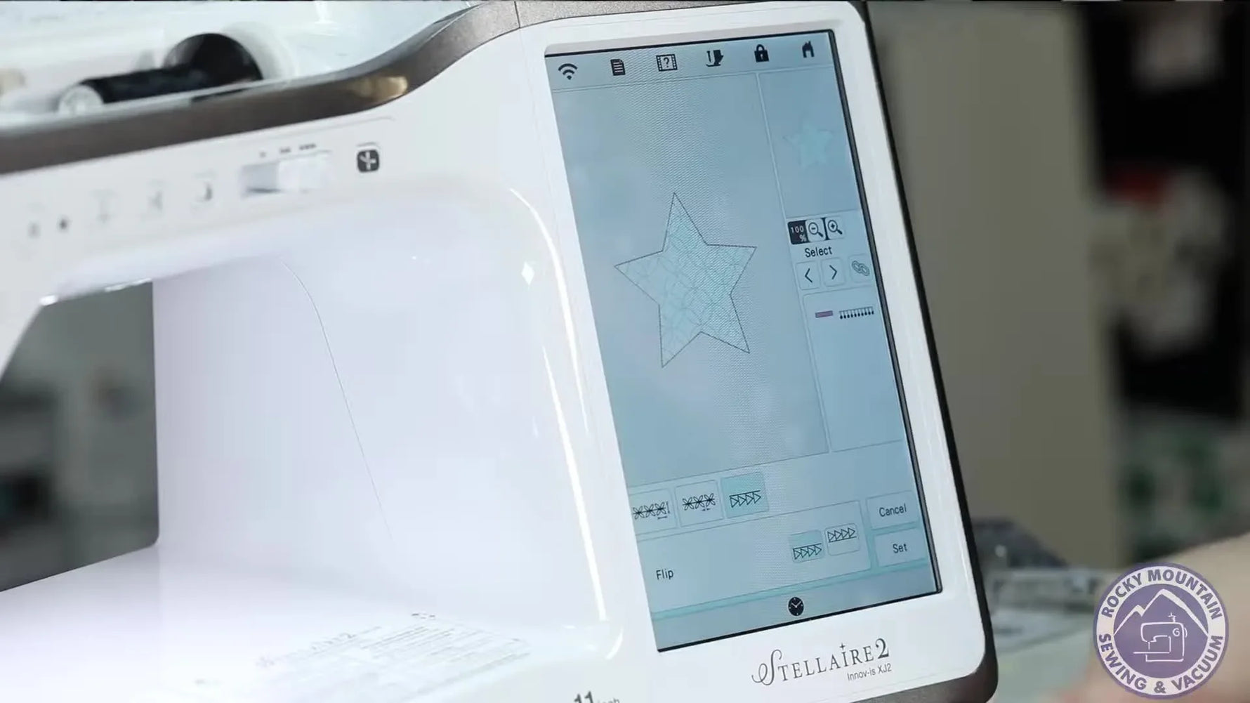 The Stellaire 2 screen shows the motif orientation controls used to flip a decorative outline so the stitches face outward instead of poking into the shape.