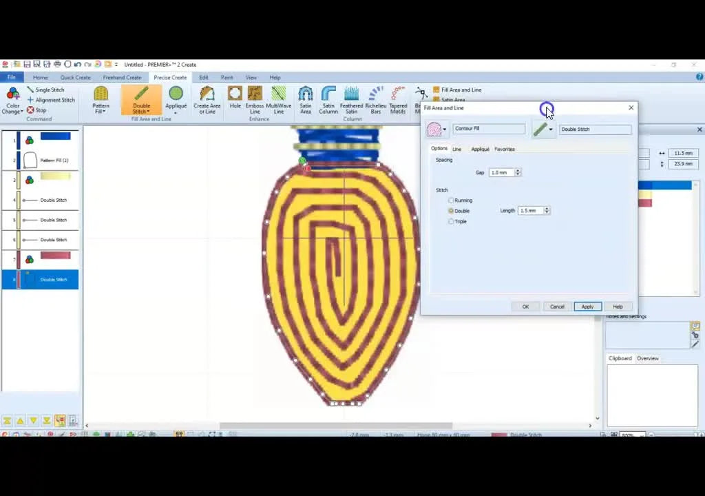 A screen capture preview of the finished digitized Christmas bulb showing a textured fill applied to the small 25mm design.