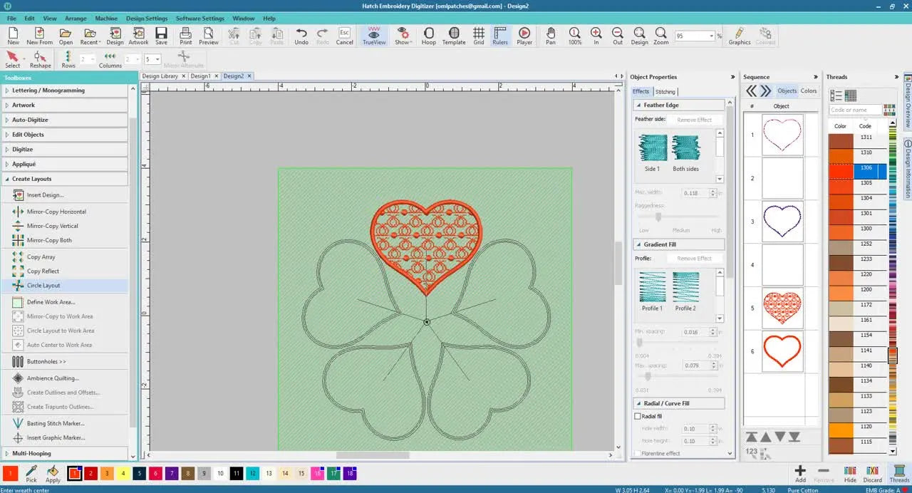 Five motif-filled appliqué hearts arranged in a circle layout inside an 8x8 Hatch 2.0 work area, forming a flower-like quilt block center.
