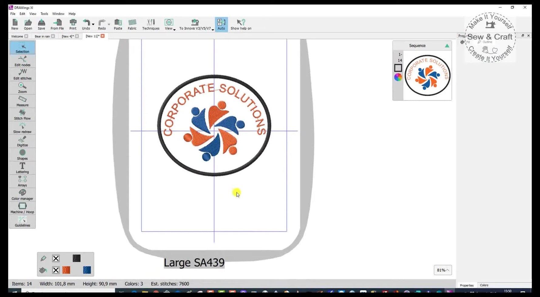 A finished corporate logo layout in DRAWings PRO XI showing arced text, a clean border, and a ready-to-stitch composition.