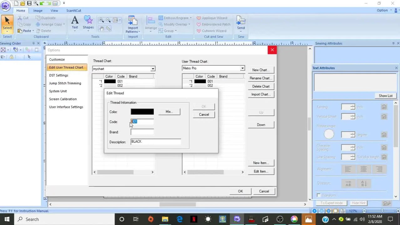 Close-up of the PE-Design 10 thread edit dialog where the Metro Pro brand and code are entered for a user thread chart.