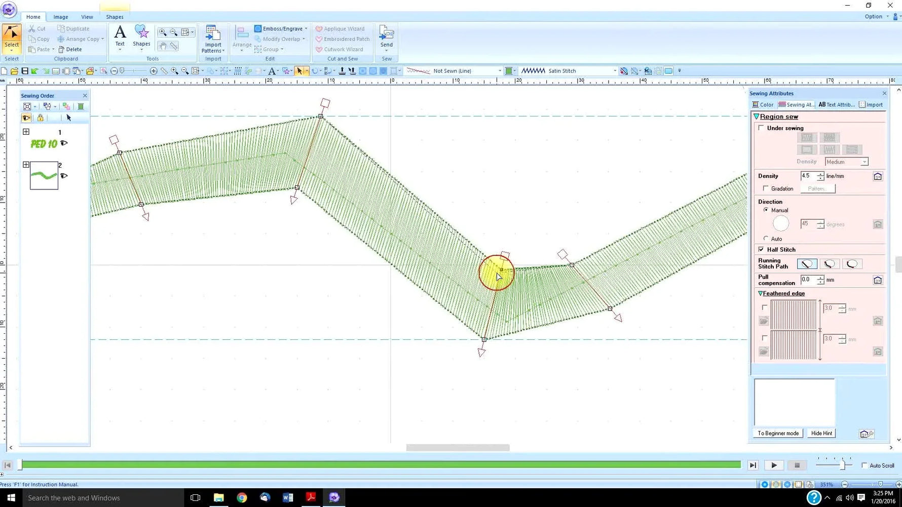 A close-up screen capture in PE Design 10 showing a node being dragged to reshape a Manual Punch running stitch and reduce stitch length.