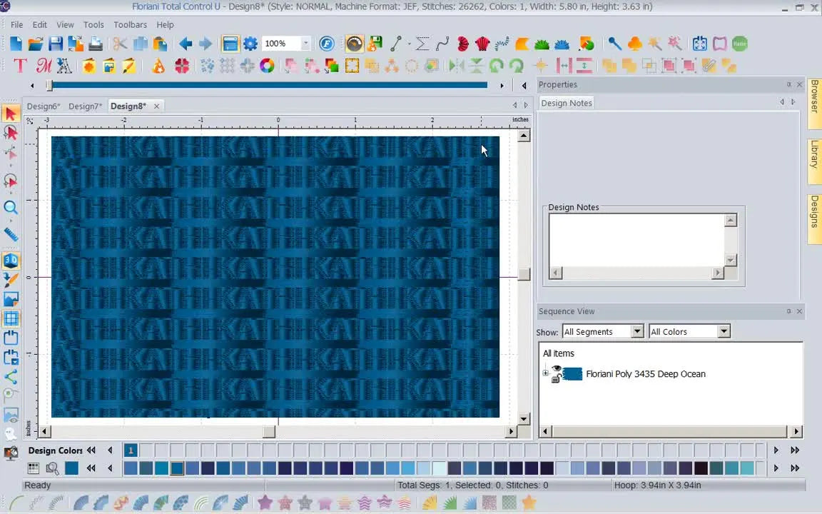 A Floriani Total Control U screen capture shows a rectangle filled with a repeating “KATHI” fancy fill that creates an embossed texture effect.