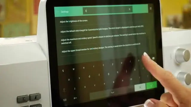 A Bernina touchscreen shows the user searching for “Bobbin” in Settings to find the Bobbin Thread Indicator toggle.