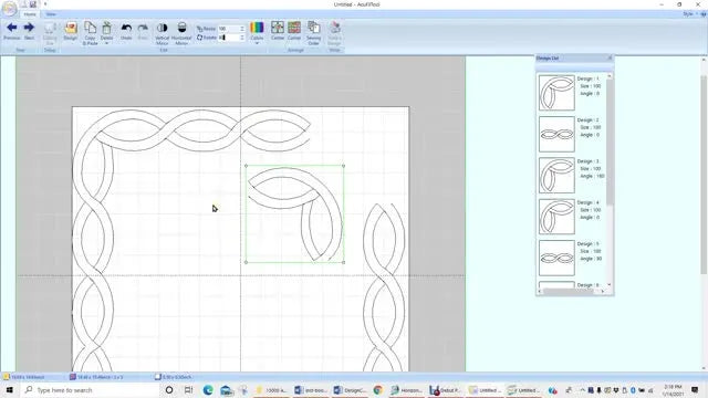 A close-up screen capture shows a corner cable motif being rotated and prepared for a vertical flip to make the border join cleanly.