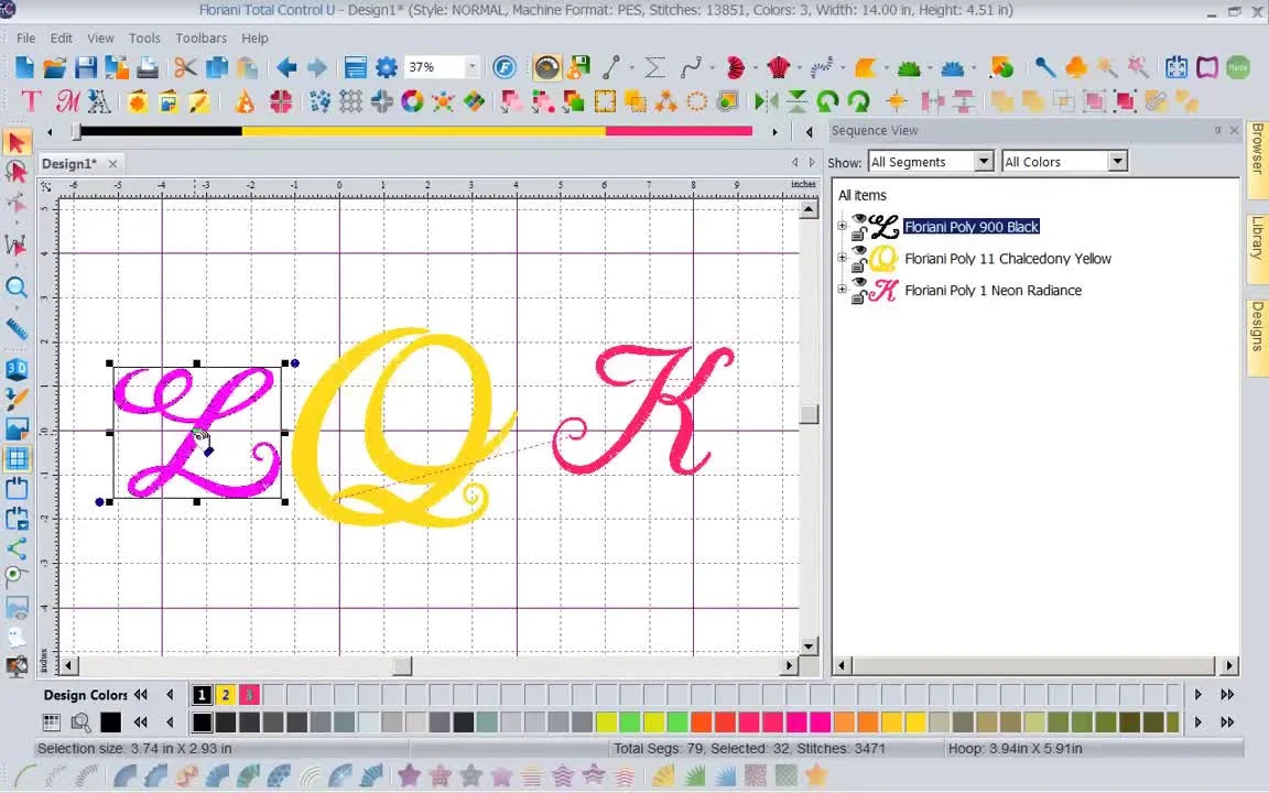 A screen capture shows the center monogram letter being resized with a bounding box handle in Floriani Total Control U.
