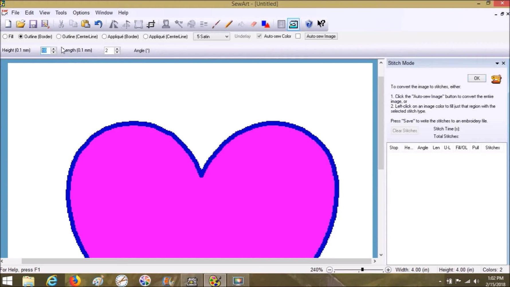 A screen capture shows SewArt applying Outline Center Line to a heart shape, creating a single satin stitch border around the design.