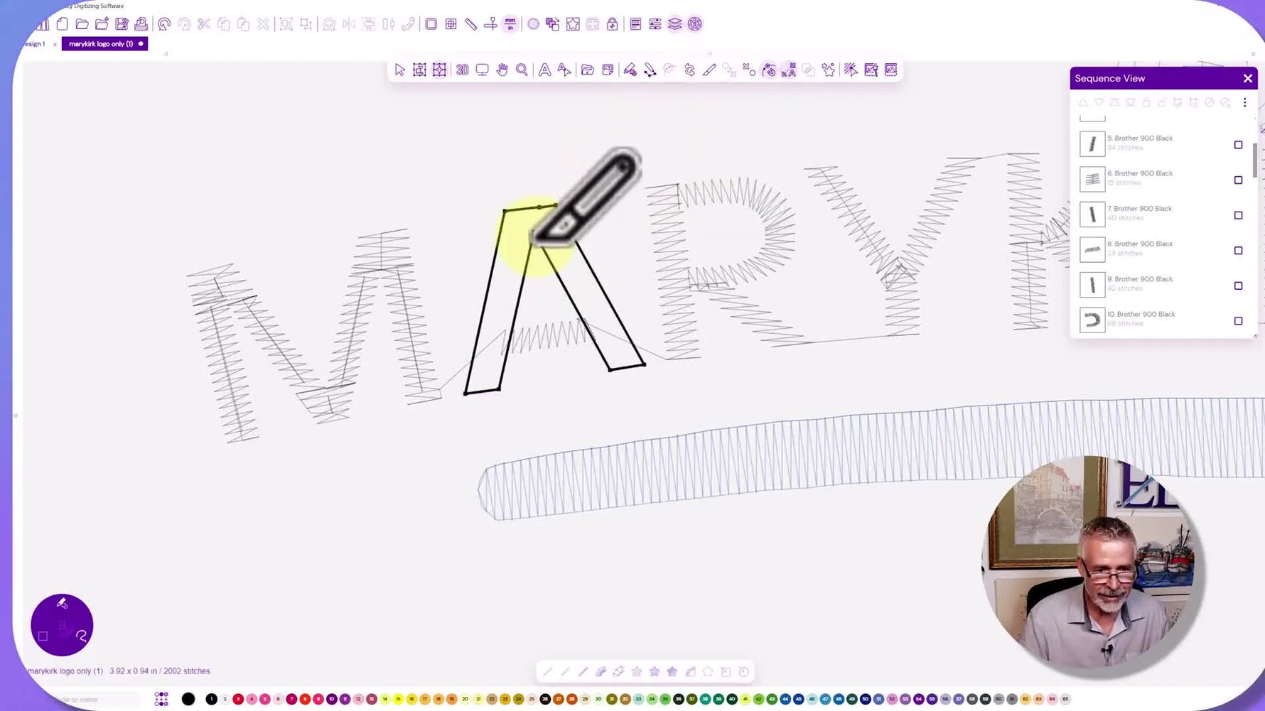 A screen capture shows the slice tool cutting a welded vector shape on the letter “M” to rebuild a clean satin cap for small lettering.