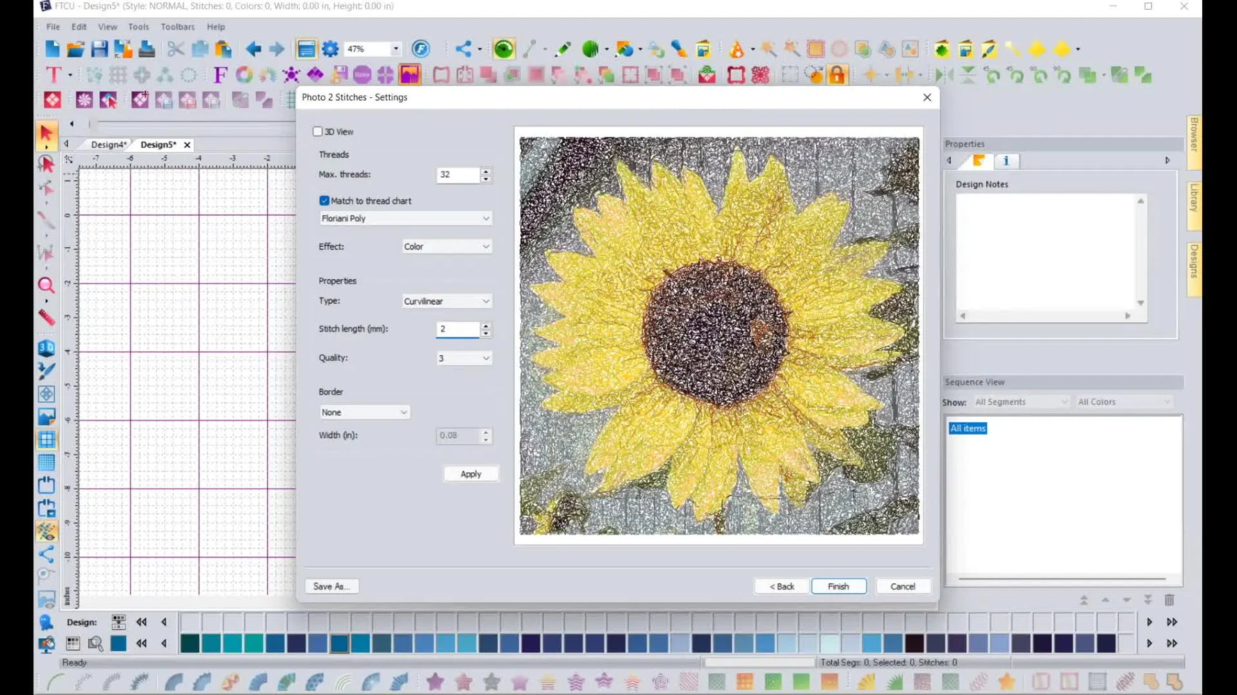A screen capture shows Floriani Total Control U with stitch length set to 2.0mm, producing a noticeably clearer sunflower preview.
