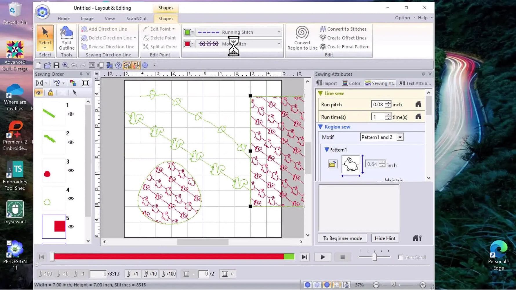 The PE Design 11 Sewing Attributes panel shows Stipple Stitch selected with “Use Motif” enabled for a custom bunny motif fill.