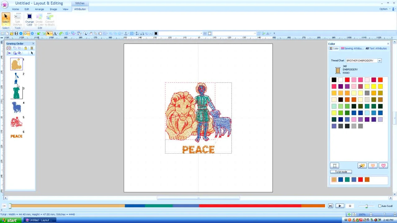 Realistic Preview in Brother PE-Design showing the corrected lion-and-boy design with proper thread colors before editing the embedded text.