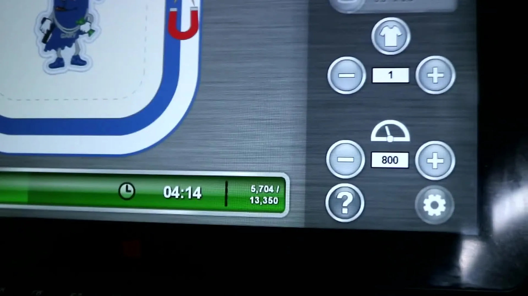 The Bravo X touchscreen shows the machine running at 1,000 stitches per minute during a patch test.