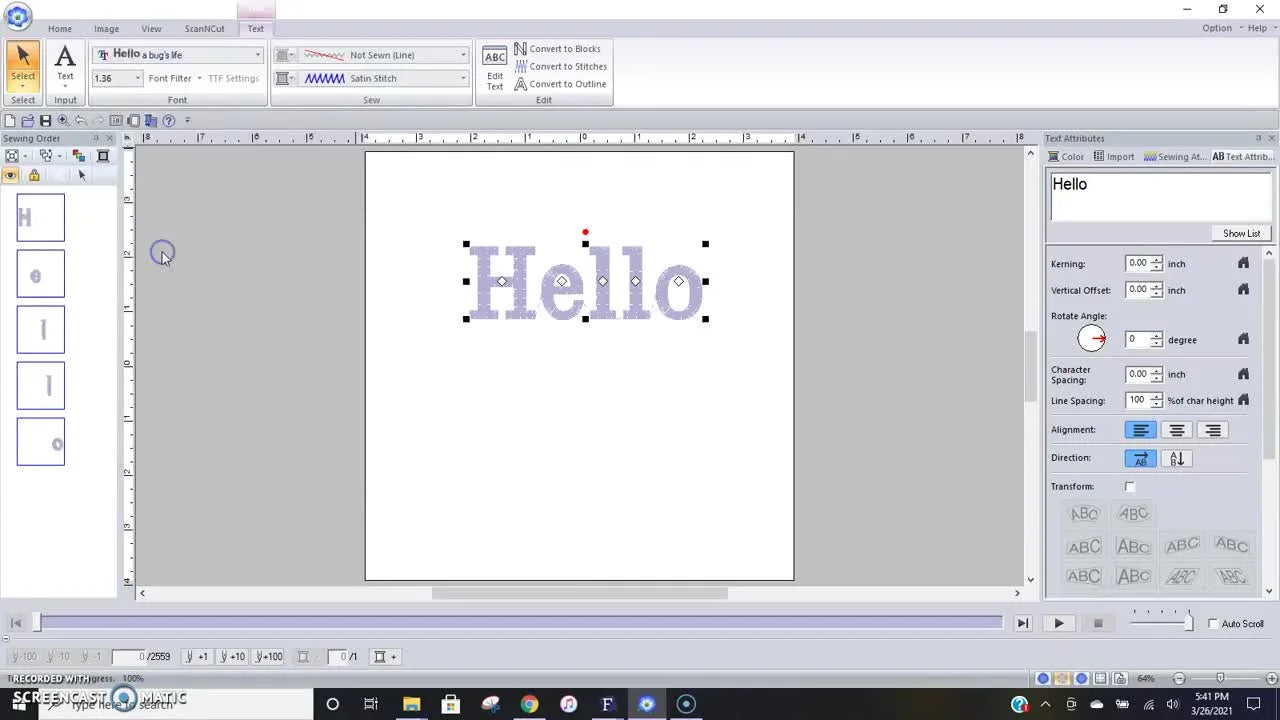 A screen capture of the word “Hello” in a playful TrueType-style font, used to demonstrate how PE Design 11 text choices change the final stitched look.
