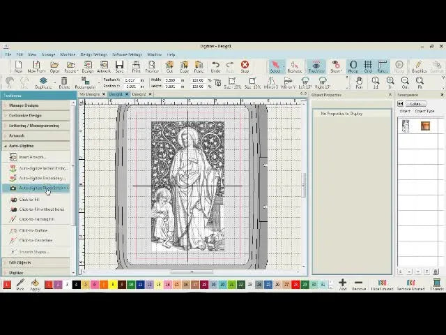 A screen capture showing Hatch auto-digitizing a black-and-white image into a single-color red PhotoStitch result.