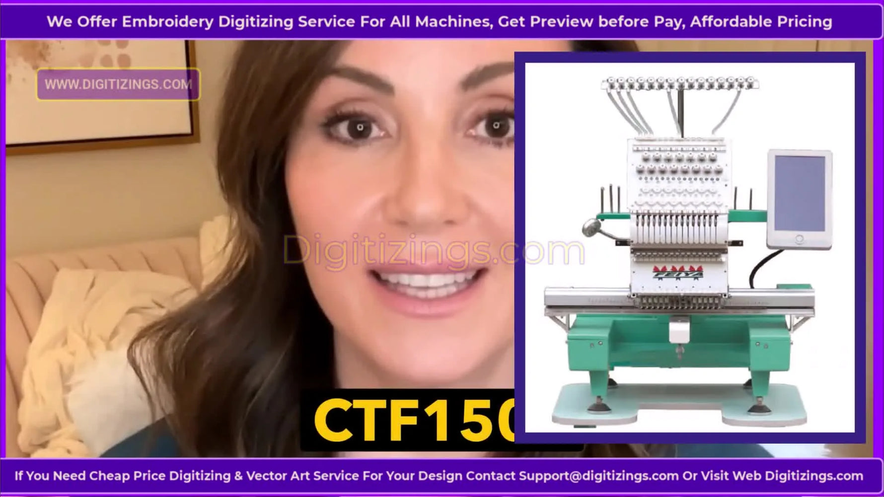 A full front view of the Feiya CTF1501 commercial single-head 15-needle embroidery machine with its Dahao touchscreen control panel.