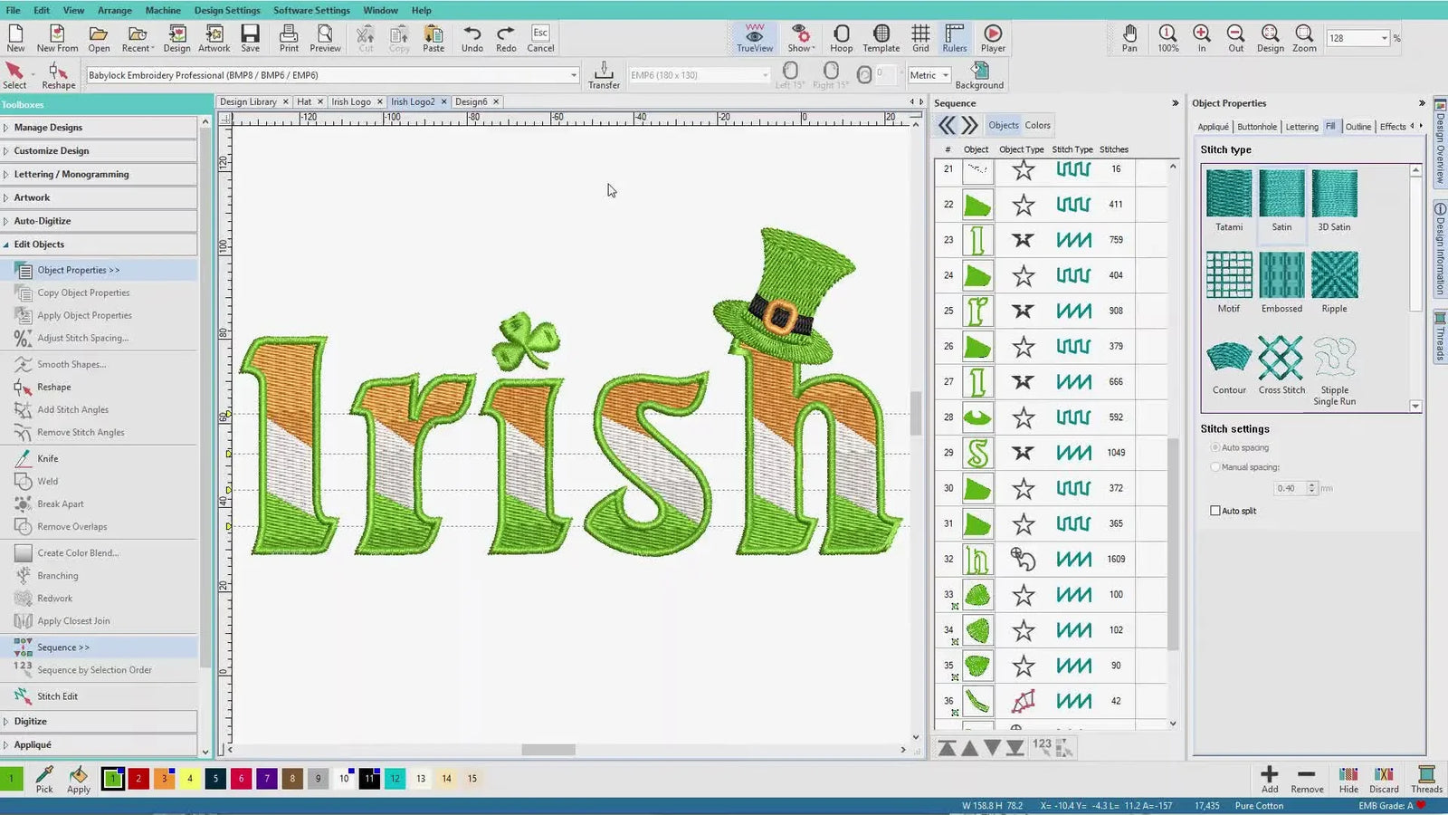 Split-Letter “Irish” in Wilcom Hatch V2: Knife Tool Stripes, Clean Welds, and a Hat That Actually Stitches Well