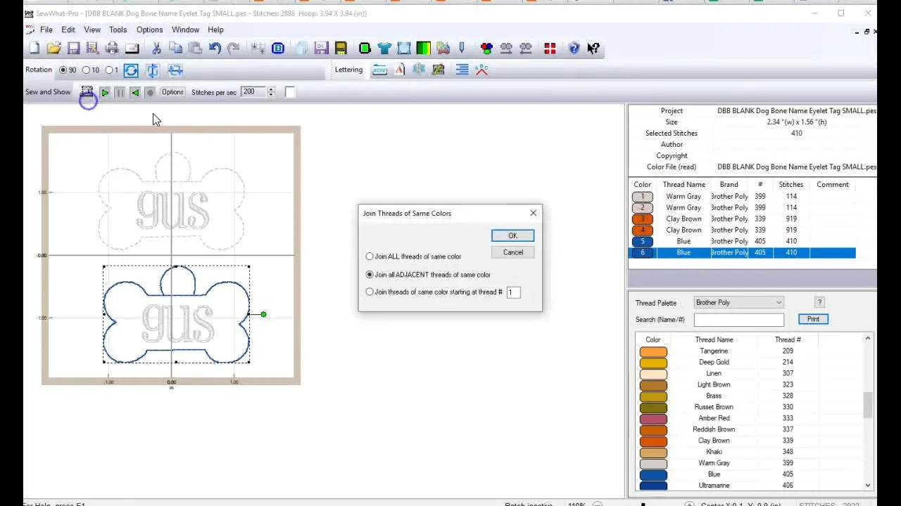 The SewWhat‑Pro “Join threads of same colors” dialog that turns a long, stop-heavy stitch list into a clean batch-ready sequence.
