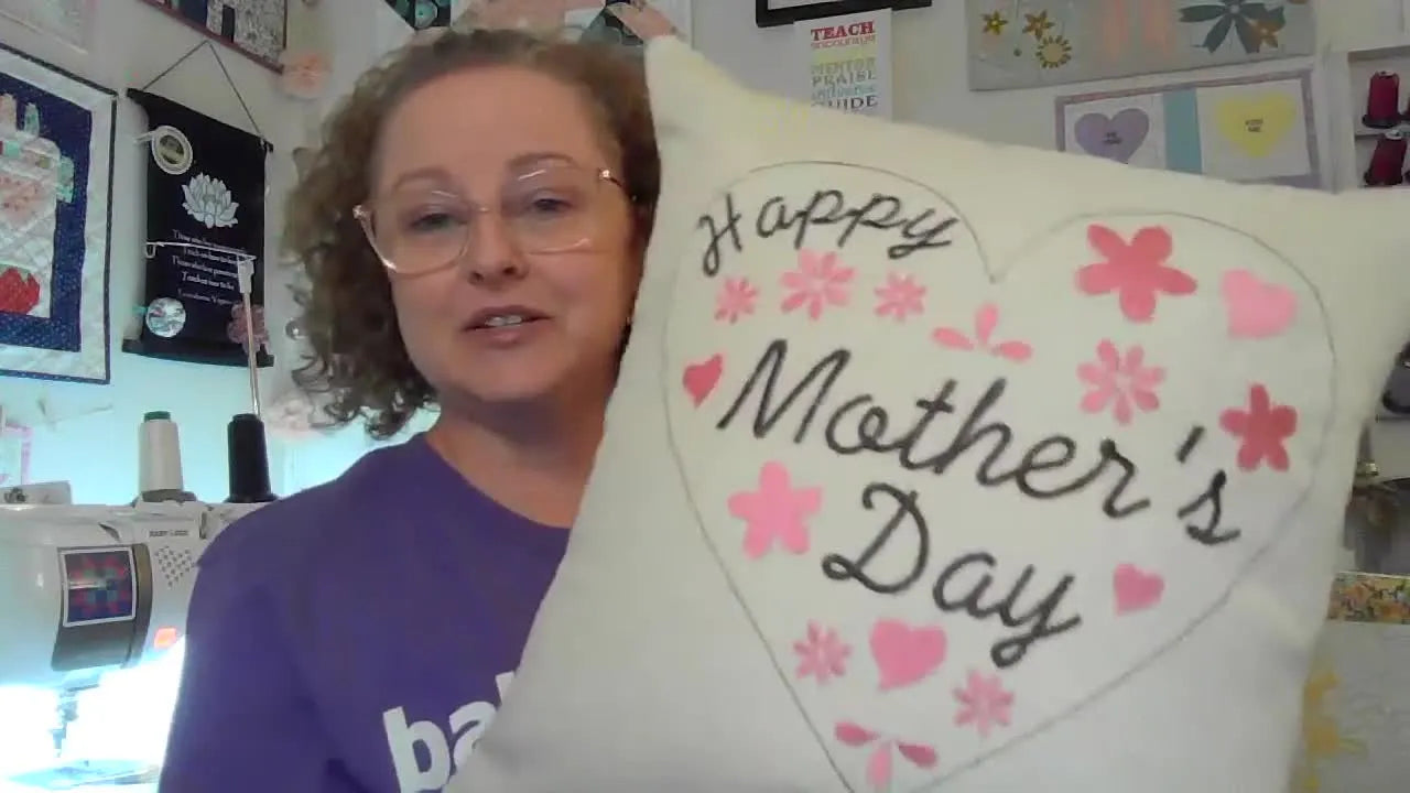 A finished “Happy Mother’s Day” embroidery design stitched on the front of an OESD Easy Sew Pillow Blank, shown at full scale.