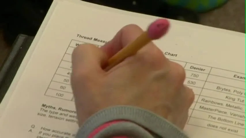 An overhead view of a thread measurement cross-reference chart with columns for Weight, Tex, and Denier being marked with a pencil.