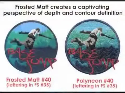 A side-by-side patch comparison shows how Frosted Matt stays non-reflective while a shiny thread catches glare.