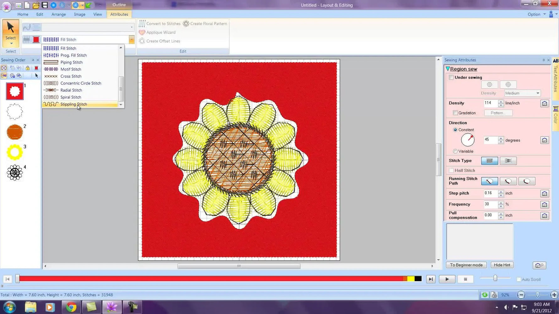 A PE-Design Next screen capture showing a sunflower design surrounded by a full-hoop stippling stitch after the fill type is converted to stippling.
