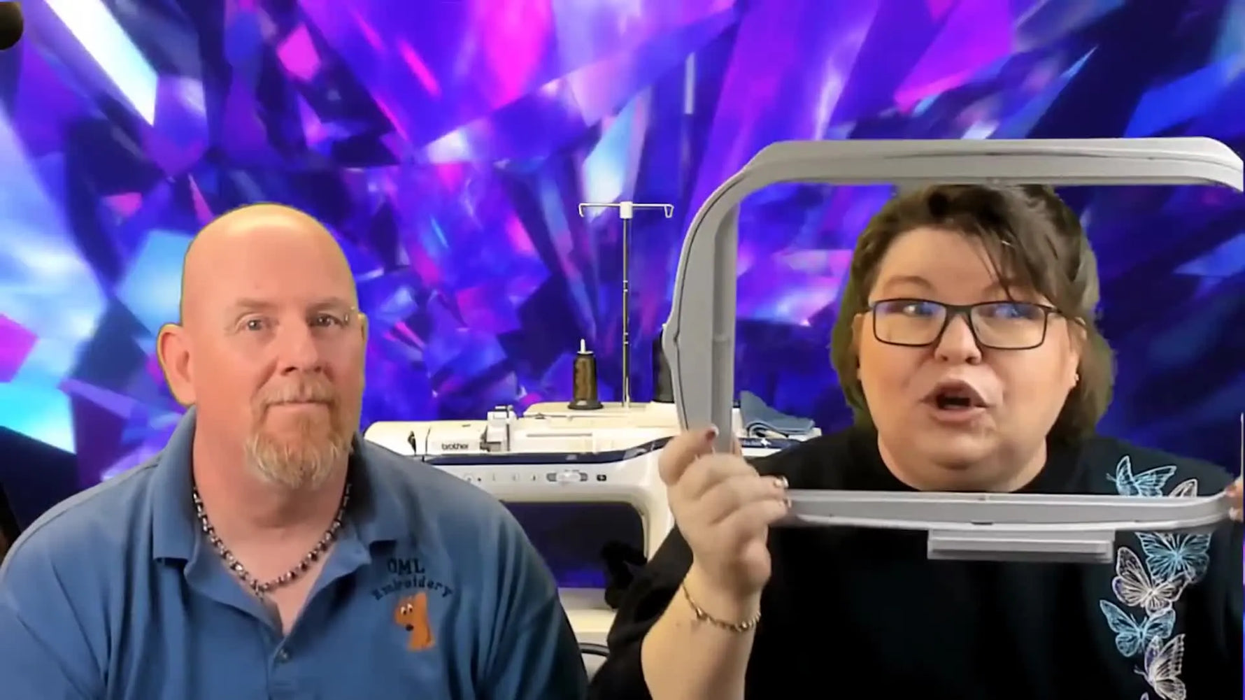 Sue holds a standard embroidery hoop like a picture frame while the video poses the question: hoop or float?