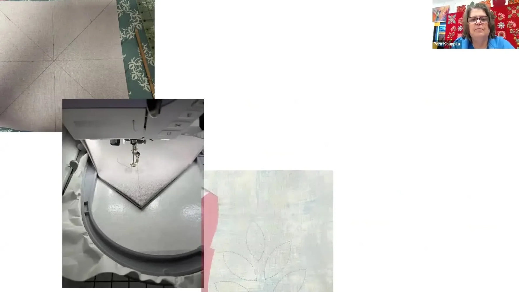 Close-up of a tack-and-trim applique leaf being stitched in the hoop, showing the placement fabric and stitch line detail.