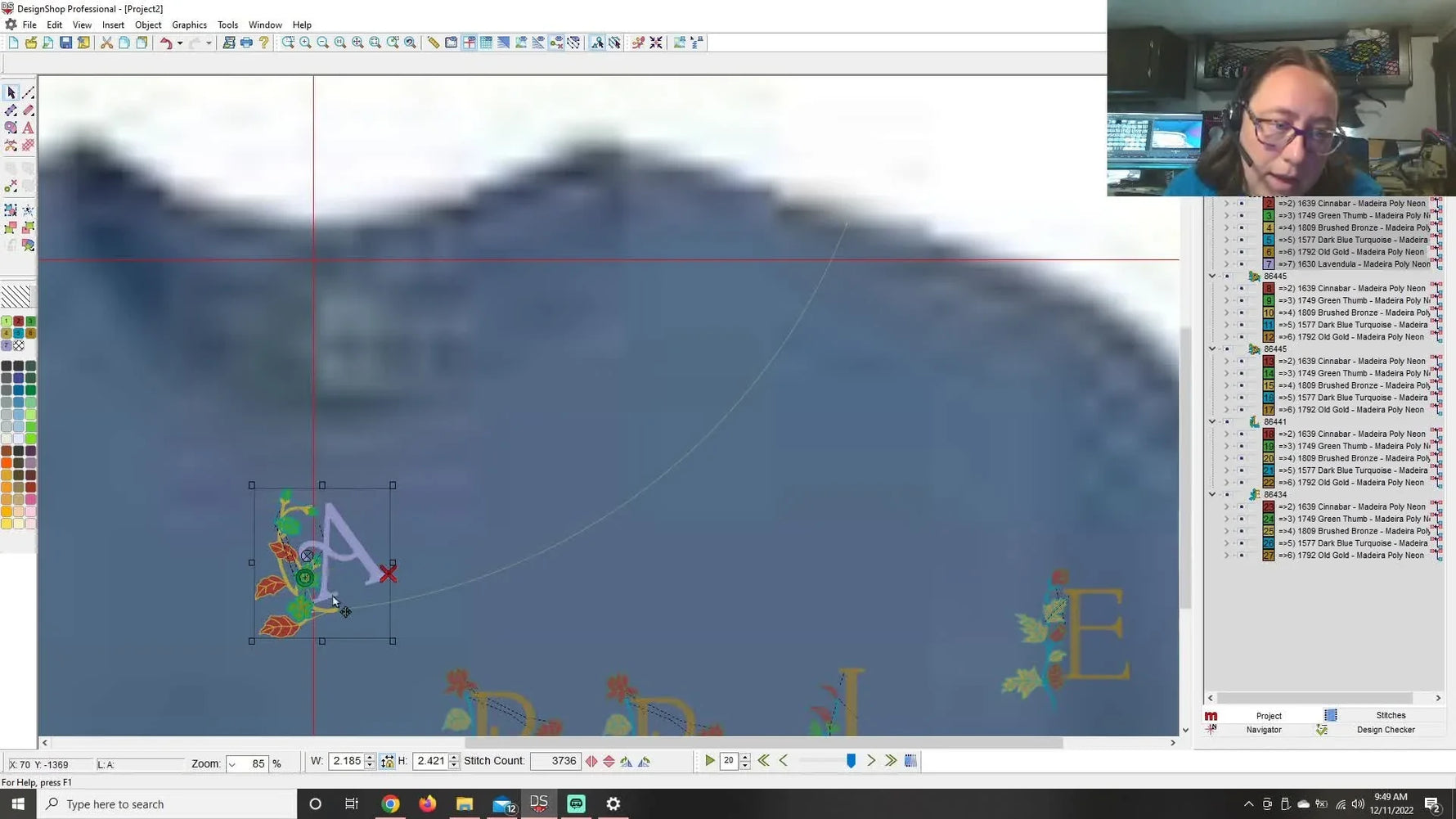A close-up screen capture shows a specialty letter being rotated with clear rotation handles to follow a green neckline reference curve.