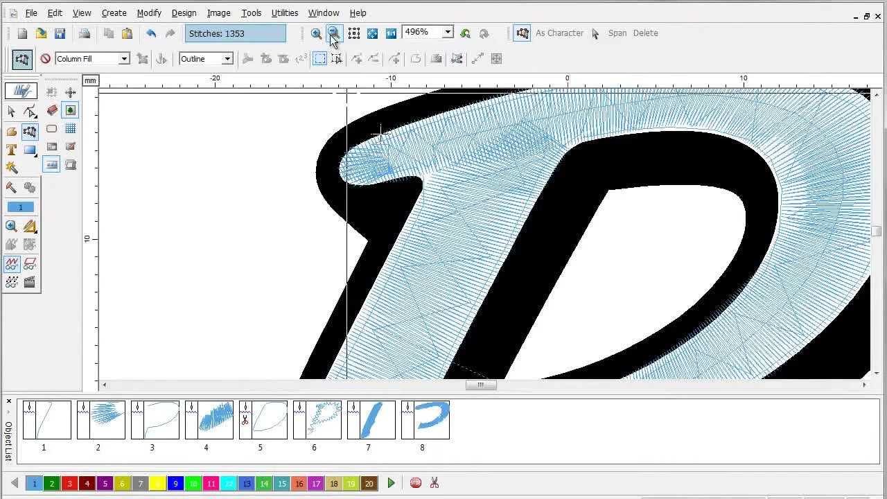 A 3D simulation preview of the finished satin-stitched letter P, showing the final puff texture and thread coverage.