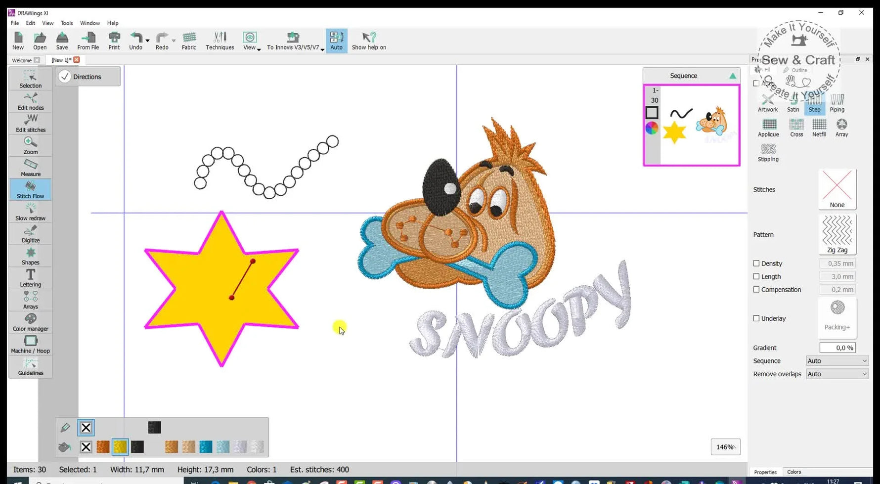 A screen capture shows stitch flow being redirected inside a star shape using a red direction arrow for cleaner stitch angles.