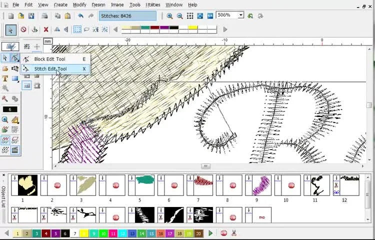 A zoomed-in Compucon EOS Stitch Edit view showing individual stitch points and the exact split location between two connected stitch blocks.