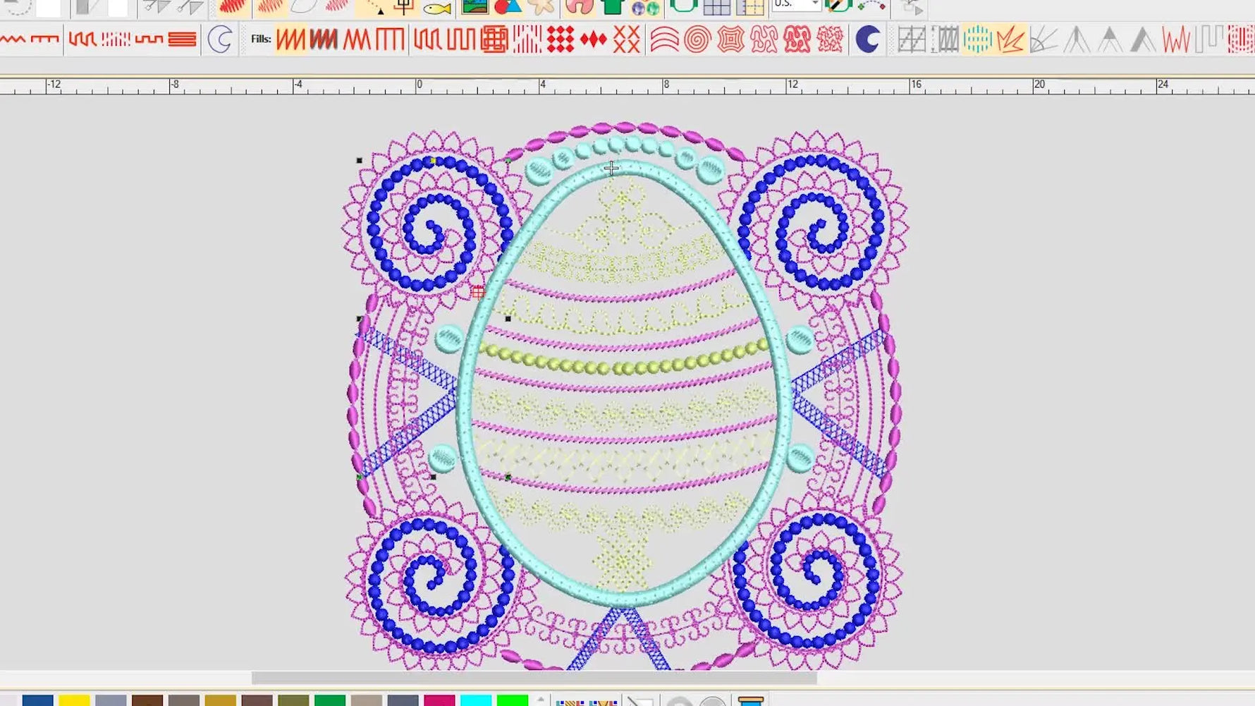 A full-screen view of an intricate Easter Egg design inside Wilcom EmbroideryStudio e4, used to demonstrate hidden connection pathing with Stitch Simulator.