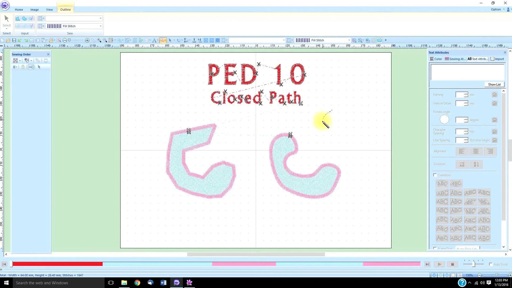 A screen capture of Brother PE-Design 10 showing an irregular closed shape created with the Pencil tool.