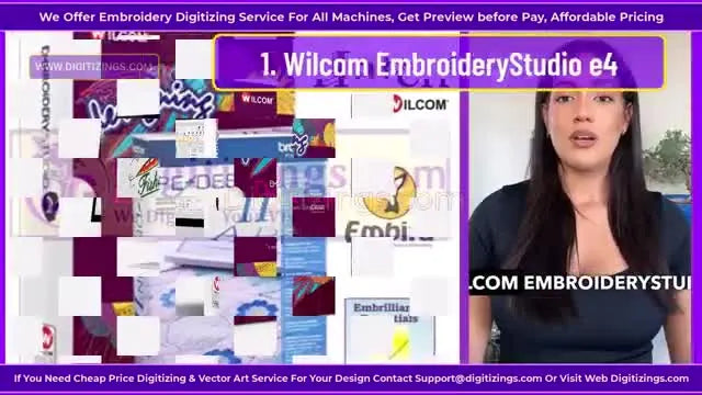 A screen capture title card introducing Wilcom EmbroideryStudio e4 as the first reviewed digitizing software.