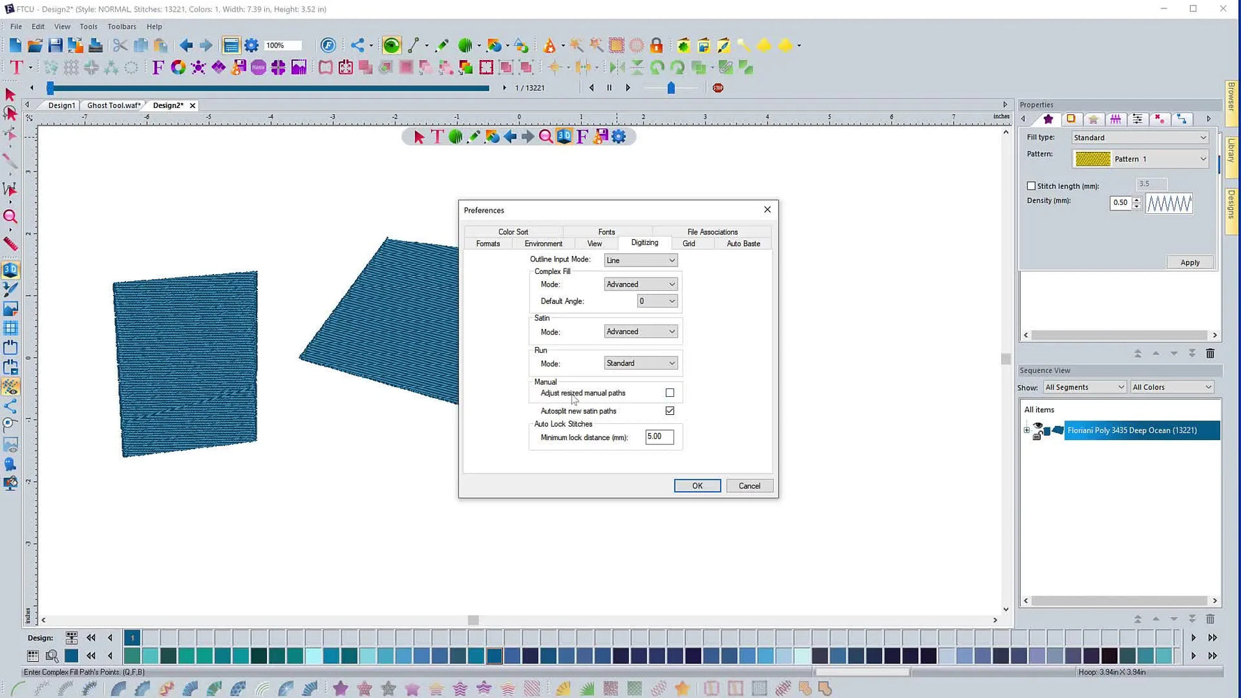 A close-up of the Floriani preferences window highlighting the setting that recalculates stitch density when resizing stitch-only files.