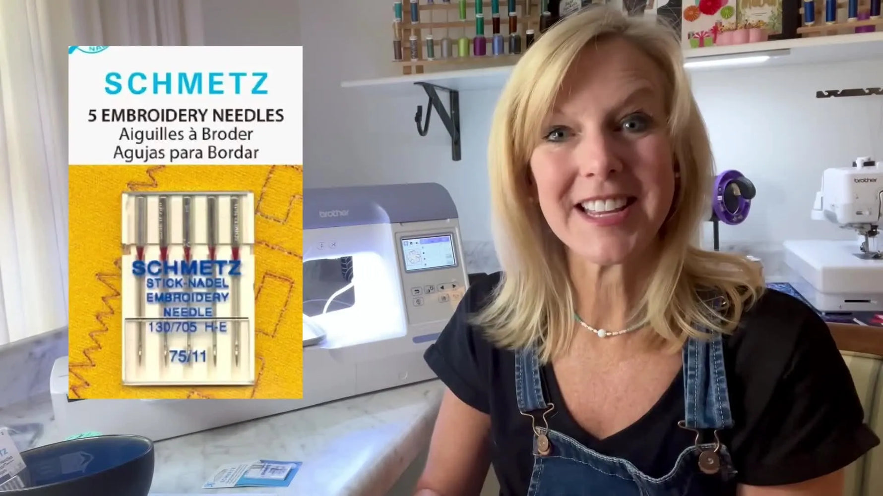 A close-up of the Brother PE800 needle area showing the threading path and automatic needle threader.