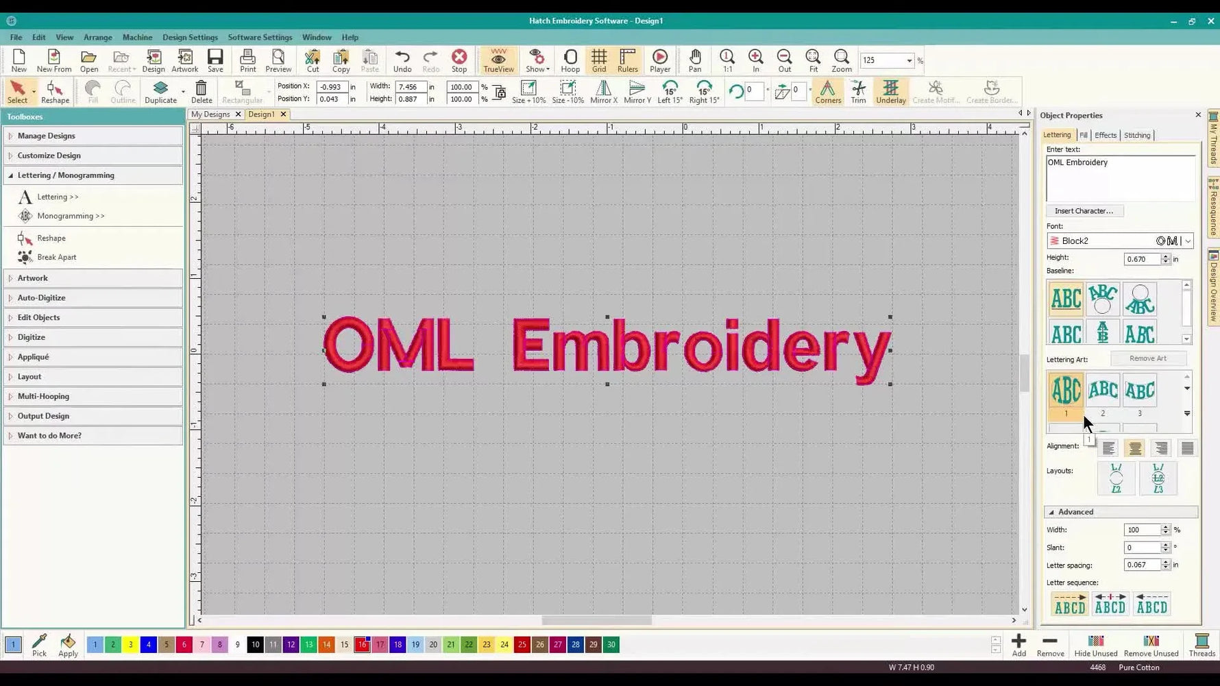 A close-up of the Hatch Lettering properties panel highlighting baseline icons for arcs and circles.