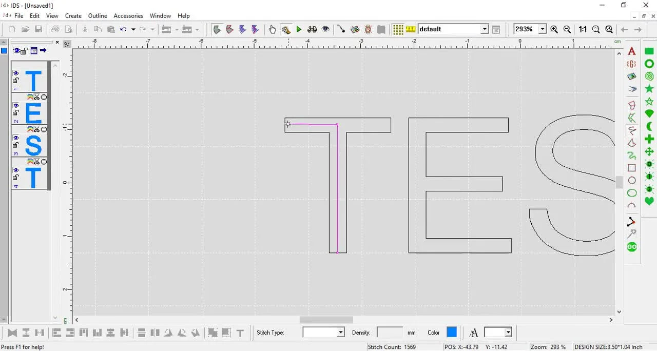 A close-up screen capture shows a manually drawn centerline being traced through the letter “T” before converting it into a bold Triple Run stitch.