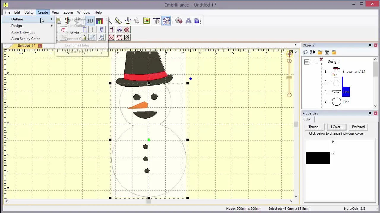 A StitchArtist Level 1 screen capture showing the snowman body rendered as a fill stitch with a clearly cut mouth hole.