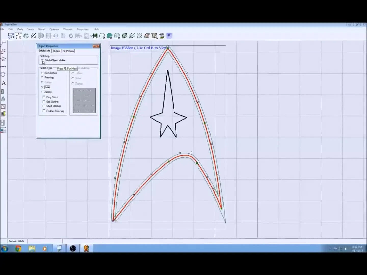 A SophieSew screen capture where the traced outline has been converted into a visible satin stitch border, making the digitized edge easy to judge before export.