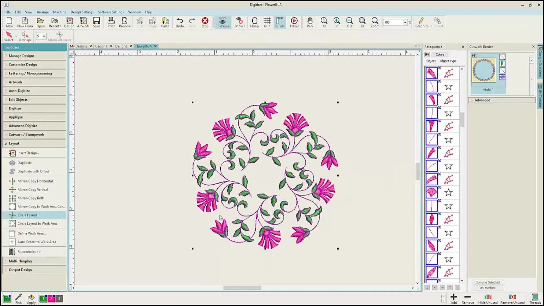 A circular wreath layout built from a single floral element inside Janome Digitizer MBX V5’s Layout tools.
