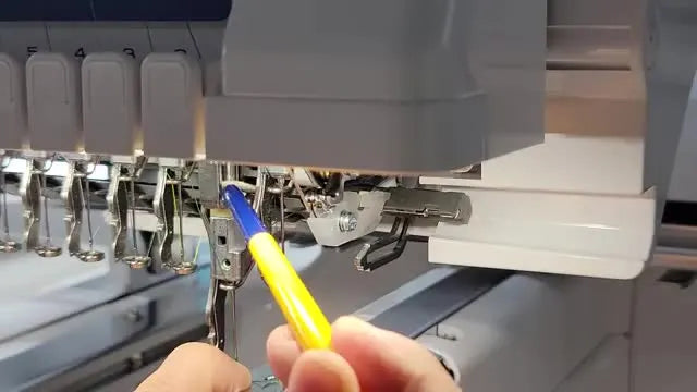 An extreme close-up shows the exact felt washer on a Brother PR1055X needle bar where 1–2 drops of oil should be applied.