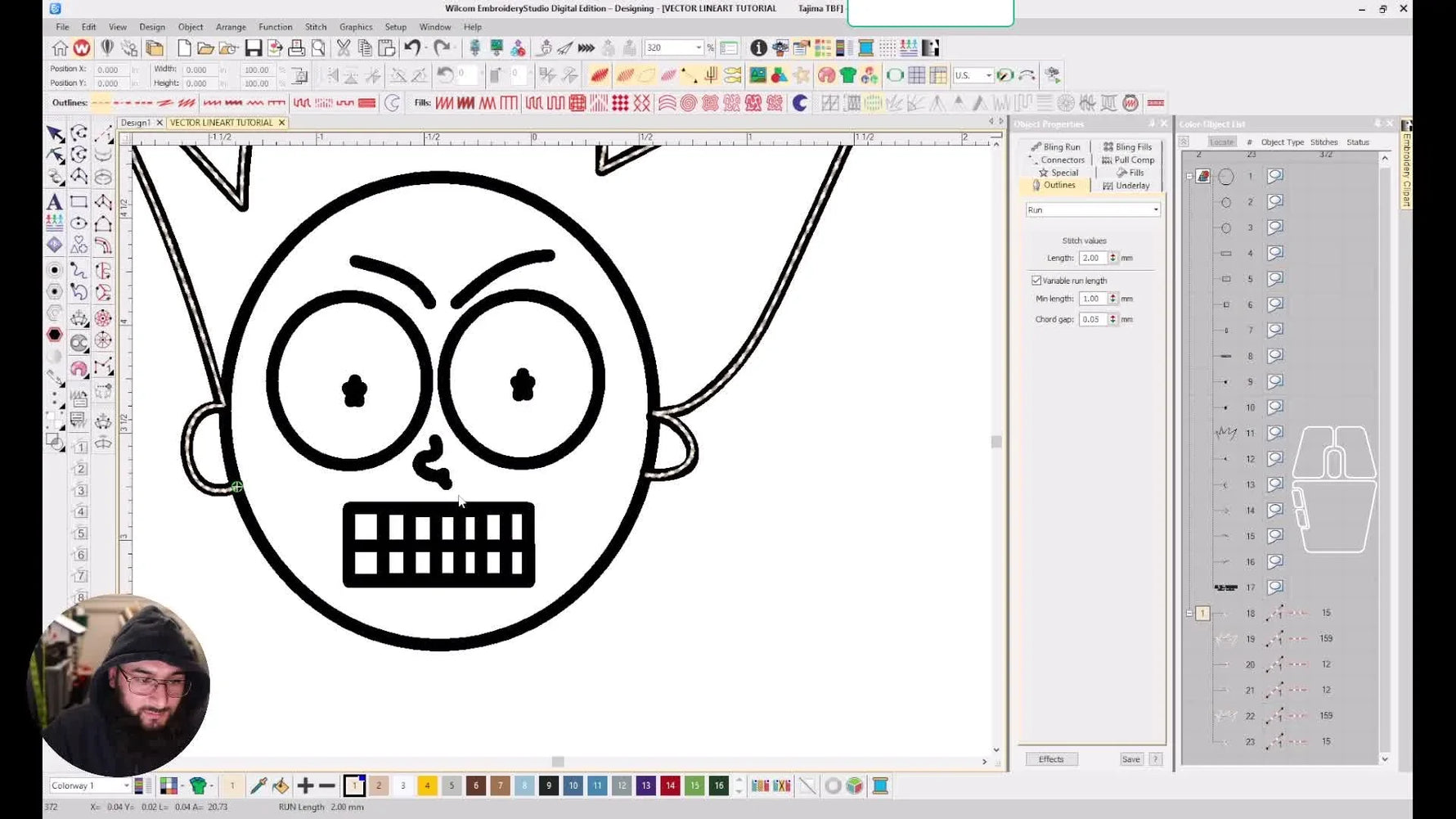 A Wilcom screen capture shows the bold outline being thickened with a large “Shift X – Backtrack” overlay.