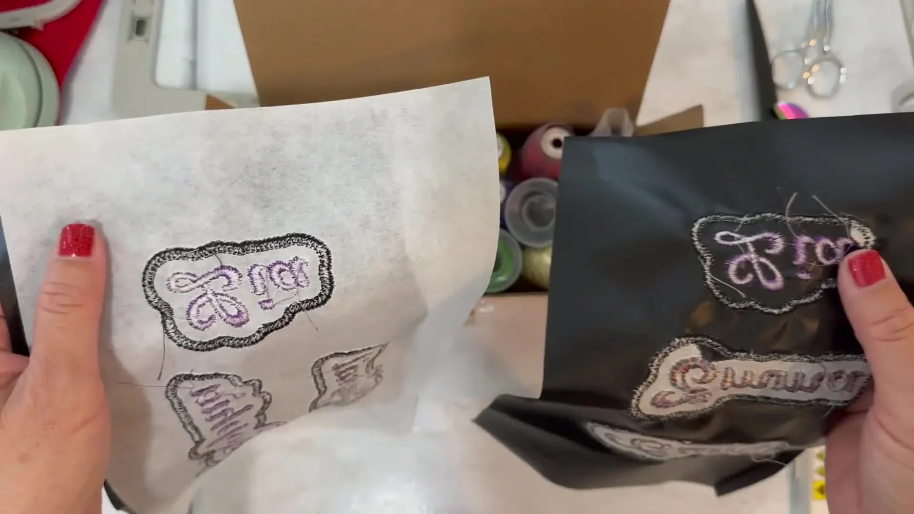 Side-by-side patches show how forgetting stabilizer can turn a clean design into puckered, gappy stitching on waterproof canvas.