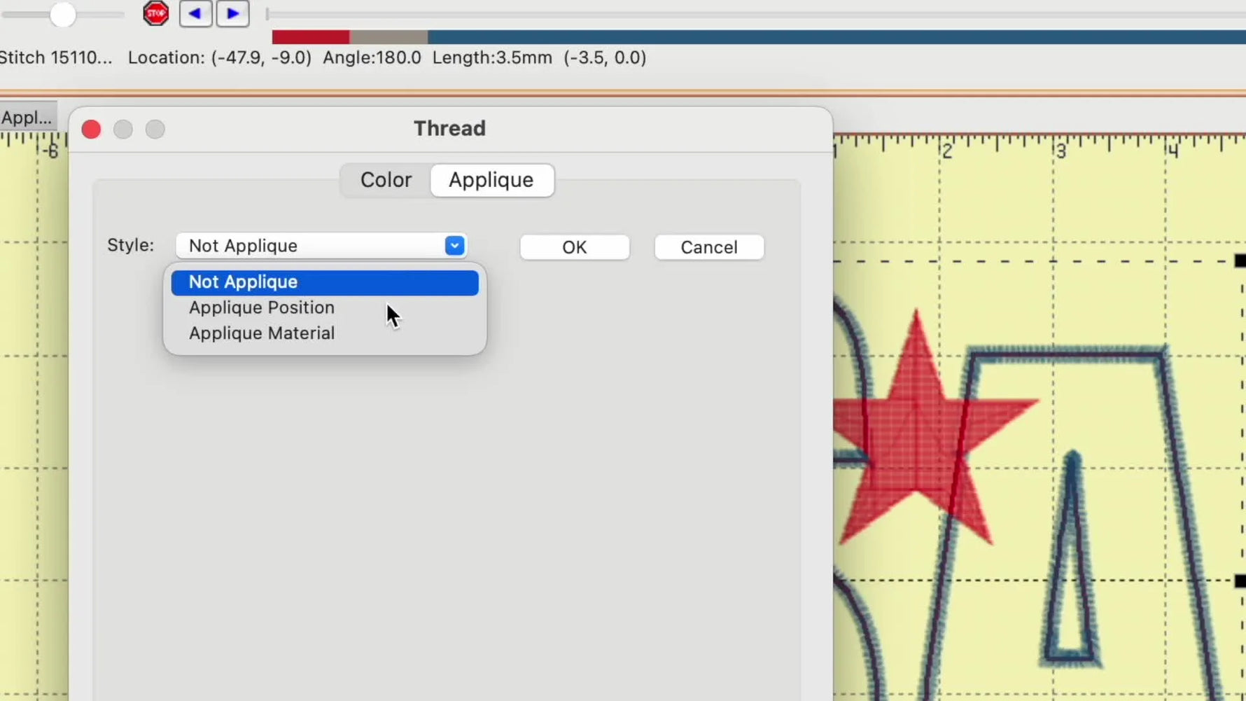 A screen capture shows Embrilliance Essentials with the Style dropdown set to “Applique Position,” the key setting that enables clean SVG cut-file export for appliqué fabric.
