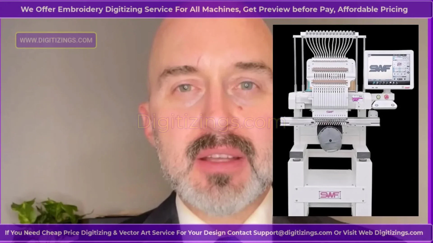 Front view of the SWF KX‑T1501 on its stand, showing the 15‑needle head and tubular arm ready for hooping.