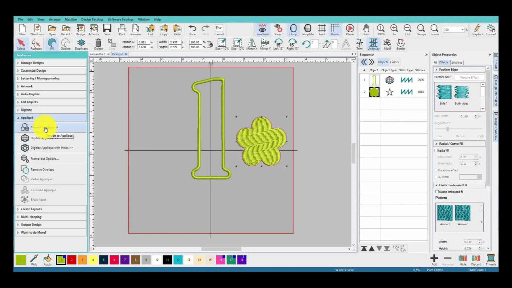 A screen capture shows both applique objects selected in Hatch while the Partial Applique button is clicked to remove the hidden satin overlap.